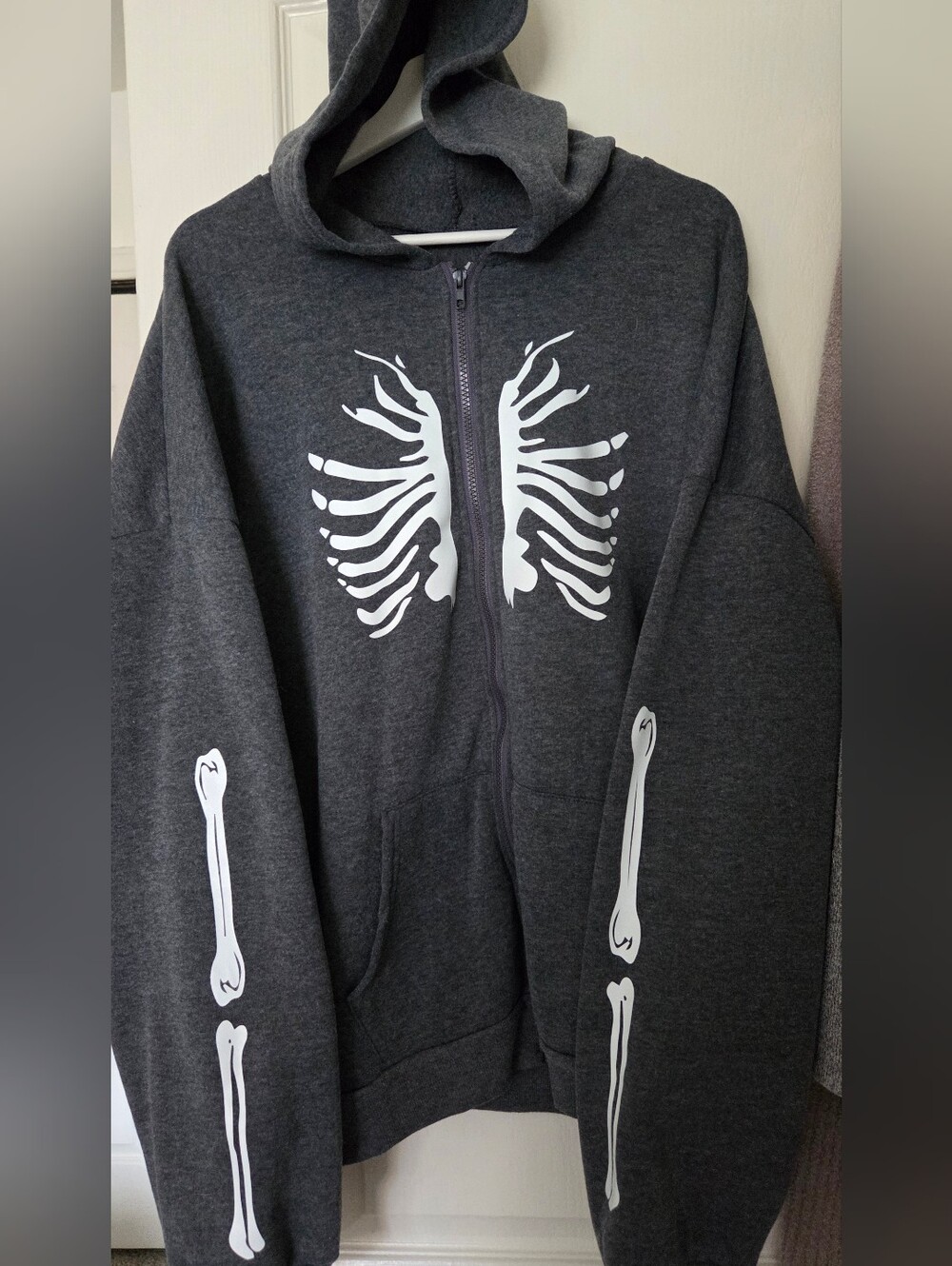 Unisex Dark Gray Skeleton Print Zip Hoodie Sweatshirt